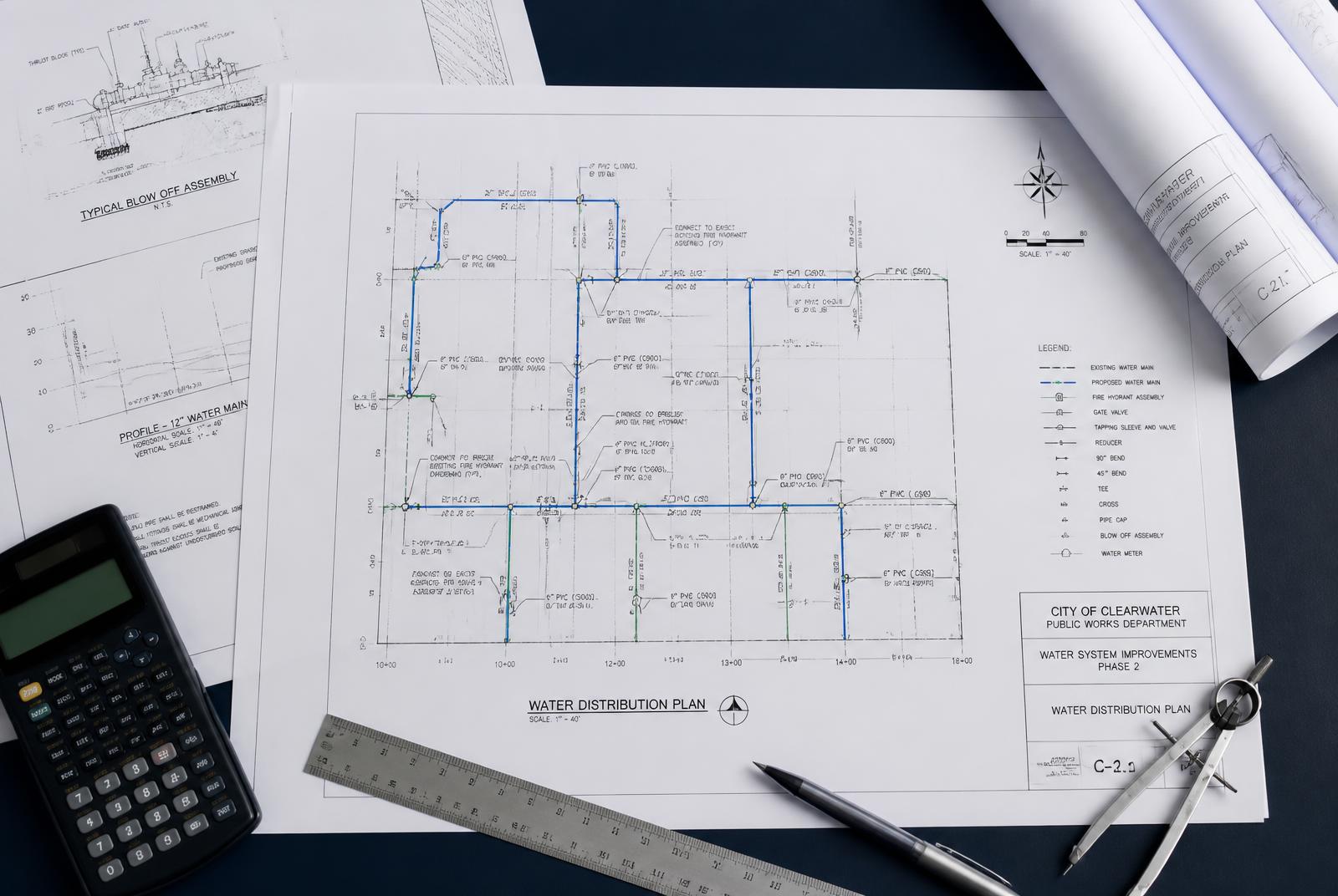 Su dağıtım ve atık su hatlarına ait teknik proje çizimleri